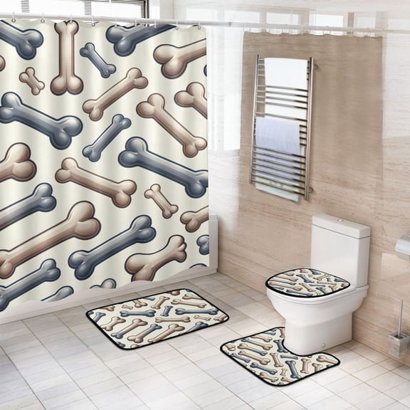 Ryvnso 4 Pcs Bones Dog Pattern Bathroom Shower Curtain Set with 12 Hooks Bath Mat Toilet Lid Cover