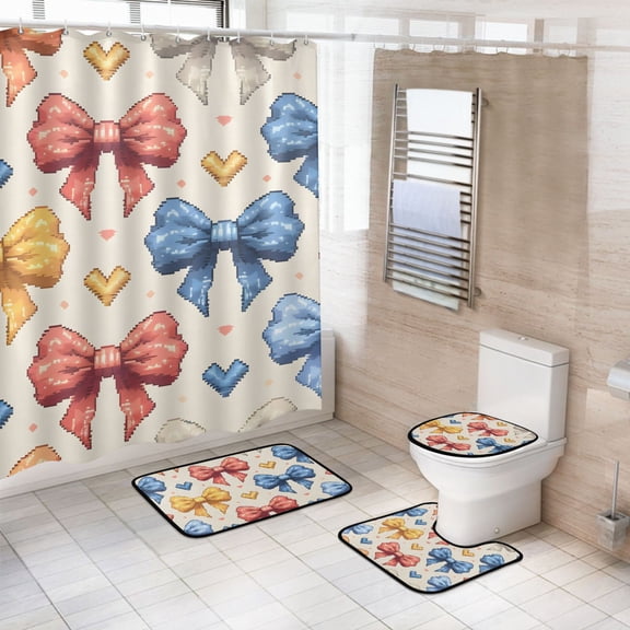 Ryvnso 4 Pcs Bow and Hearts Bathroom Shower Curtain Set with 12 Hooks Bath Mat Toilet Lid Cover