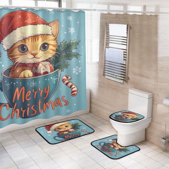Ryvnso 4 Pcs Christmas Cat in Cup Bathroom Shower Curtain Set with 12 Hooks Bath Mat Toilet Lid Cover