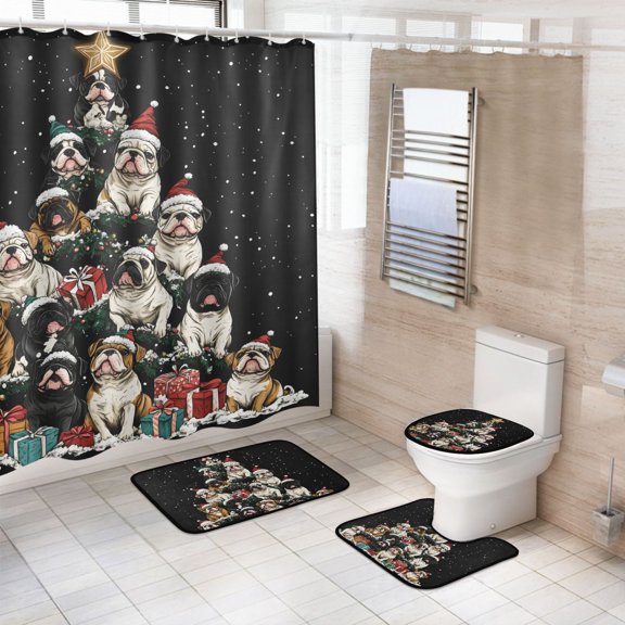 Ryvnso 4 Pcs Christmas Dogs Bathroom Shower Curtain Set with 12 Hooks Bath Mat Toilet Lid Cover