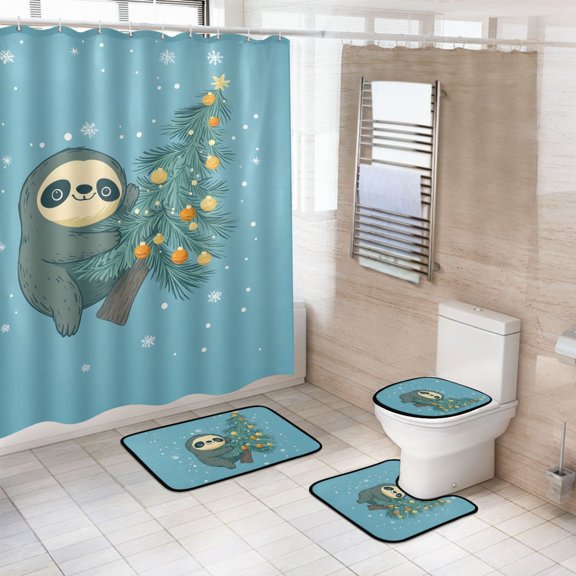 Ryvnso 4 Pcs Christmas Tree Sloth Bathroom Shower Curtain Set with 12 Hooks Bath Mat Toilet Lid Cover