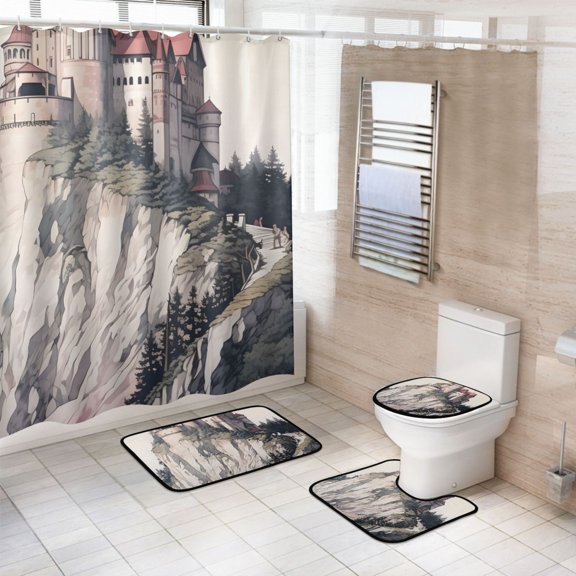 Ryvnso 4 Pcs Cool Building Bathroom Shower Curtain Set with 12 Hooks Bath Mat Toilet Lid Cover