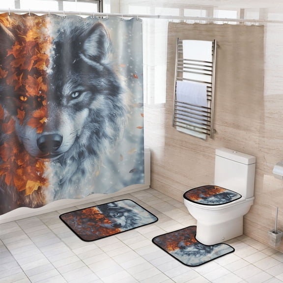 Ryvnso 4 Pcs Cool Winter Wolf Bathroom Shower Curtain Set with 12 Hooks Bath Mat Toilet Lid Cover
