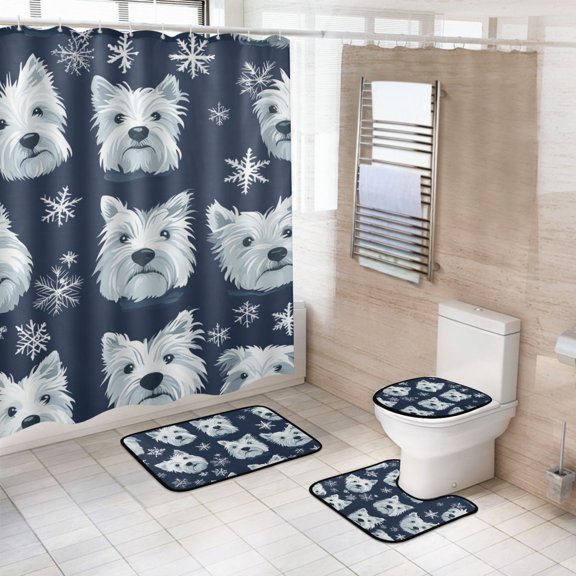 Ryvnso 4 Pcs Cute Dog Snowflakes Bathroom Shower Curtain Set with 12 Hooks Bath Mat Toilet Lid Cover