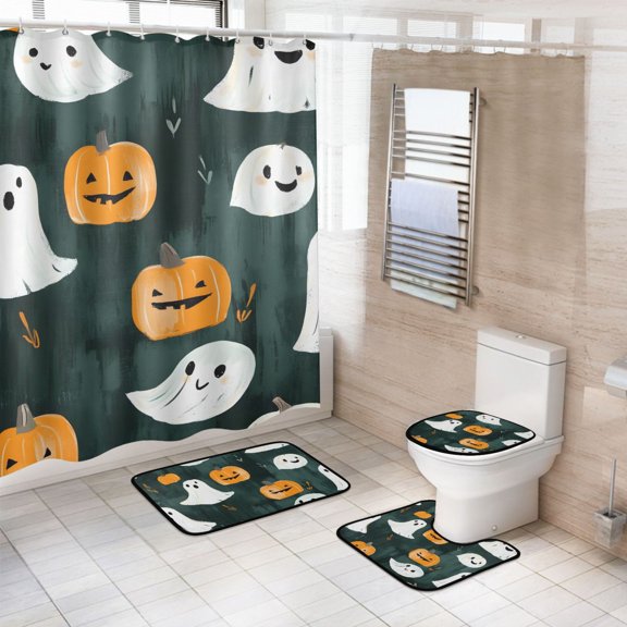 Ryvnso 4 Pcs Cute Ghost Pumpkin Bathroom Shower Curtain Set with 12 Hooks Bath Mat Toilet Lid Cover