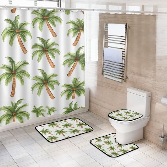 Ryvnso 4 Pcs Cute Palm Tree Bathroom Shower Curtain Set with 12 Hooks Bath Mat Toilet Lid Cover