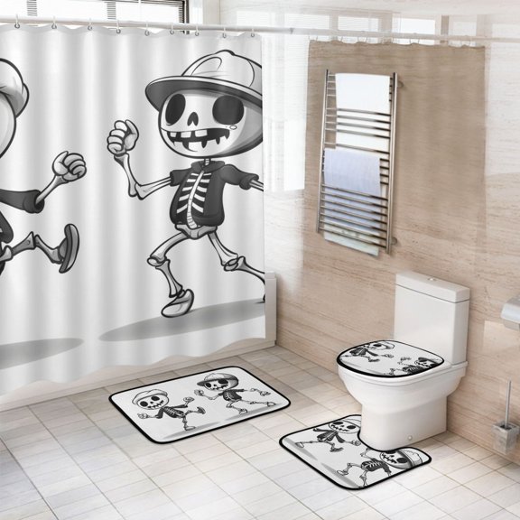Ryvnso 4 Pcs Cute Skeleton Dancing Bathroom Shower Curtain Set with 12 Hooks Bath Mat Toilet Lid Cover
