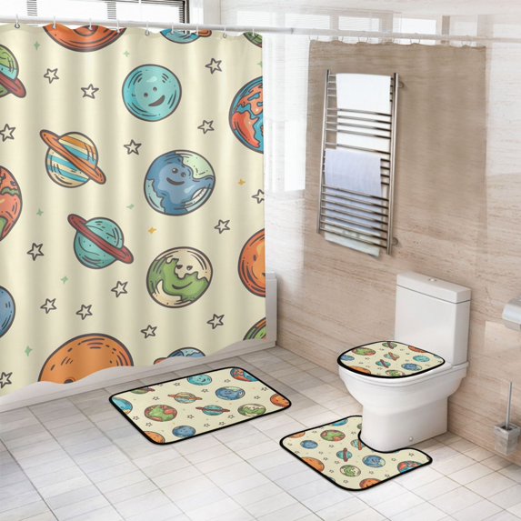 Ryvnso 4 Pcs Cute Spaceship Bathroom Shower Curtain Set with 12 Hooks Bath Mat Toilet Lid Cover