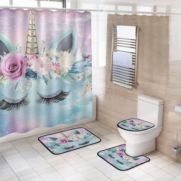 Ryvnso 4 Pcs Cute Unicorn Bathroom Shower Curtain Set with 12 Hooks Bath Mat Toilet Lid Cover