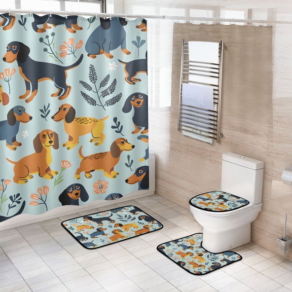 Ryvnso 4 Pcs Dachshund Dogs Bathroom Shower Curtain Set with 12 Hooks Bath Mat Toilet Lid Cover