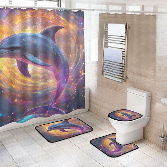 Ryvnso 4 Pcs Dolphin Magic Bathroom Shower Curtain Set with 12 Hooks Bath Mat Toilet Lid Cover