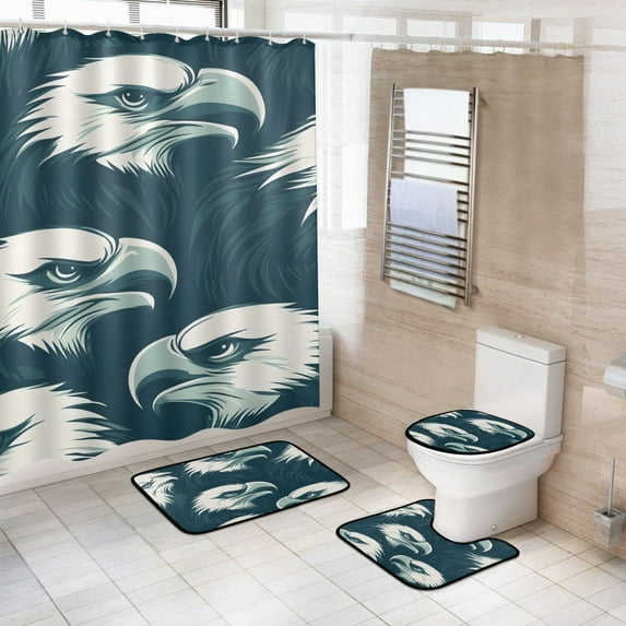 Ryvnso 4 Pcs Eagles Pattern Bathroom Shower Curtain Set with 12 Hooks Bath Mat Toilet Lid Cover