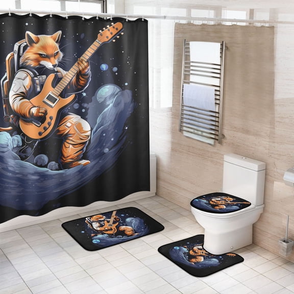 Ryvnso 4 Pcs Fox Play Guitar Bathroom Shower Curtain Set with 12 Hooks Bath Mat Toilet Lid Cover