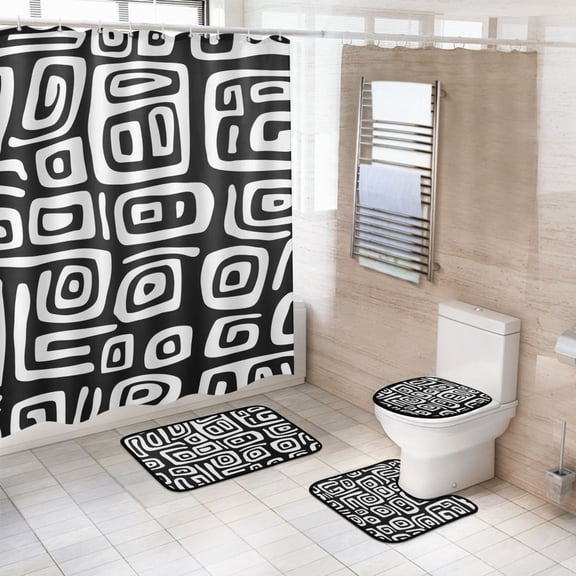 Ryvnso 4 Pcs Funny Stripes Pattern Bathroom Shower Curtain Set with 12 Hooks Bath Mat Toilet Lid Cover
