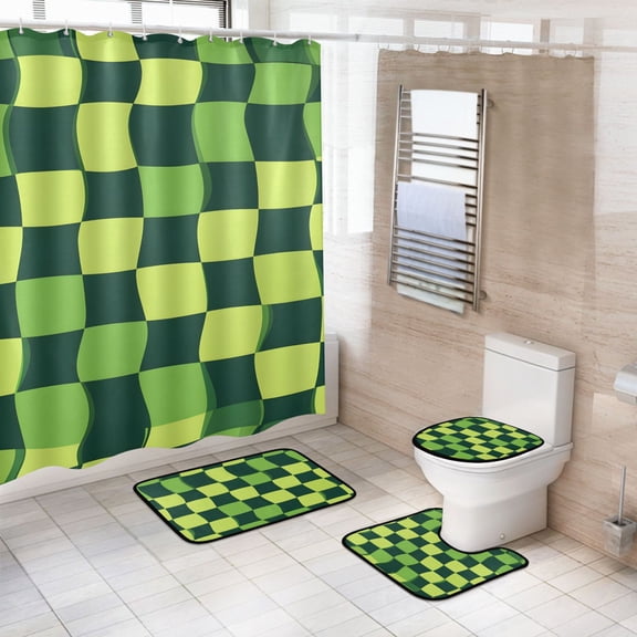 Ryvnso 4 Pcs Green Checkered Pattern Bathroom Shower Curtain Set with 12 Hooks Bath Mat Toilet Lid Cover
