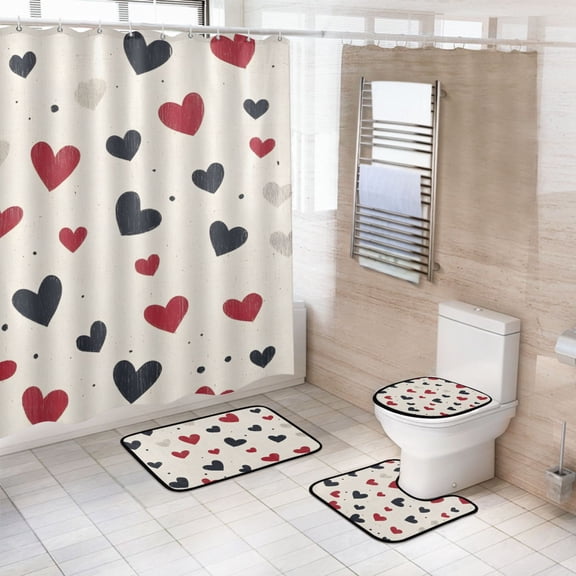 Ryvnso 4 Pcs Hearts Valentine's Day Bathroom Shower Curtain Set with 12 Hooks Bath Mat Toilet Lid Cover