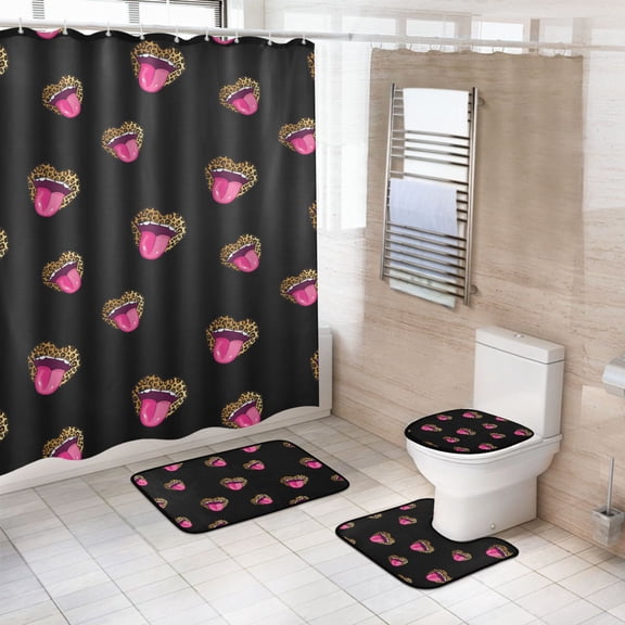 Ryvnso 4 Pcs Leopard Red Lips1 Bathroom Shower Curtain Set with 12 Hooks Bath Mat Toilet Lid Cover