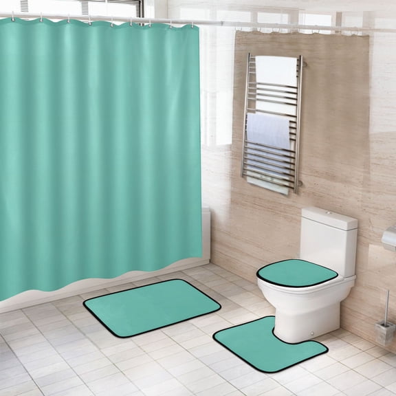 Ryvnso 4 Pcs Light Green Color Bathroom Shower Curtain Set with 12 Hooks Bath Mat Toilet Lid Cover