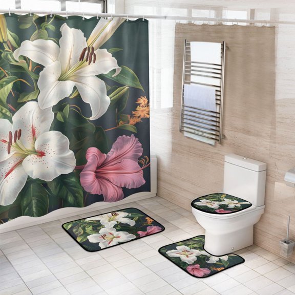 Ryvnso 4 Pcs Lily Flower Bathroom Shower Curtain Set with 12 Hooks Bath Mat Toilet Lid Cover