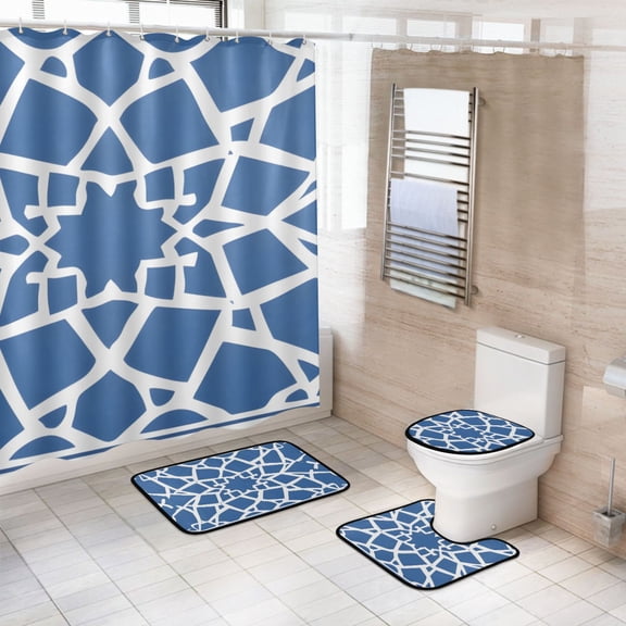 Ryvnso 4 Pcs Moroccan Artistic Pattern Bathroom Shower Curtain Set with 12 Hooks Bath Mat Toilet Lid Cover