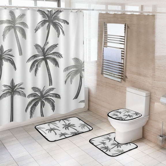 Ryvnso 4 Pcs Palm Tree Bathroom Shower Curtain Set with 12 Hooks Bath Mat Toilet Lid Cover