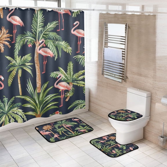 Ryvnso 4 Pcs Palm Tree Flamingo Bathroom Shower Curtain Set with 12 Hooks Bath Mat Toilet Lid Cover