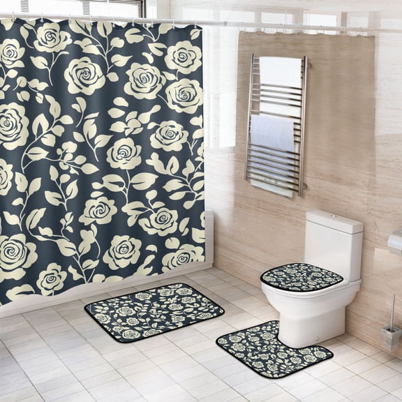 Ryvnso 4 Pcs Peony Flowers on Black Bathroom Shower Curtain Set with 12 Hooks Bath Mat Toilet Lid Cover