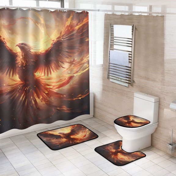 Ryvnso 4 Pcs Phoenix Flying Bathroom Shower Curtain Set with 12 Hooks Bath Mat Toilet Lid Cover