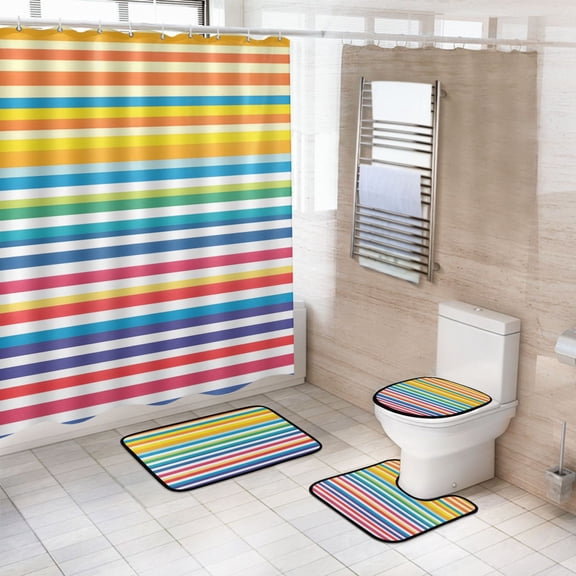 Ryvnso 4 Pcs Rainbow Stripes Bathroom Shower Curtain Set with 12 Hooks Bath Mat Toilet Lid Cover