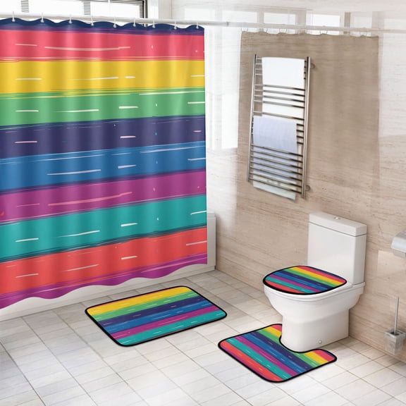 Ryvnso 4 Pcs Rainbow Stripes Pattern Bathroom Shower Curtain Set with 12 Hooks Bath Mat Toilet Lid Cover