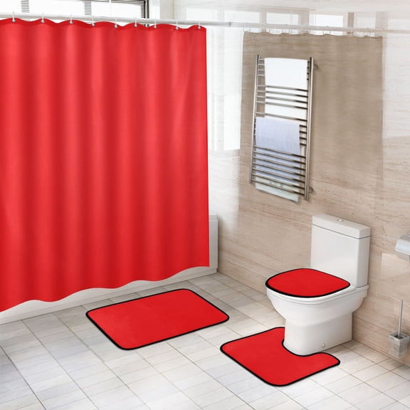 Ryvnso 4 Pcs Red Bathroom Shower Curtain Set with 12 Hooks Bath Mat Toilet Lid Cover