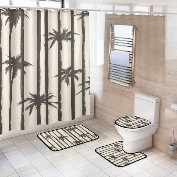 Ryvnso 4 Pcs Retro Palm Tree Bathroom Shower Curtain Set with 12 Hooks Bath Mat Toilet Lid Cover