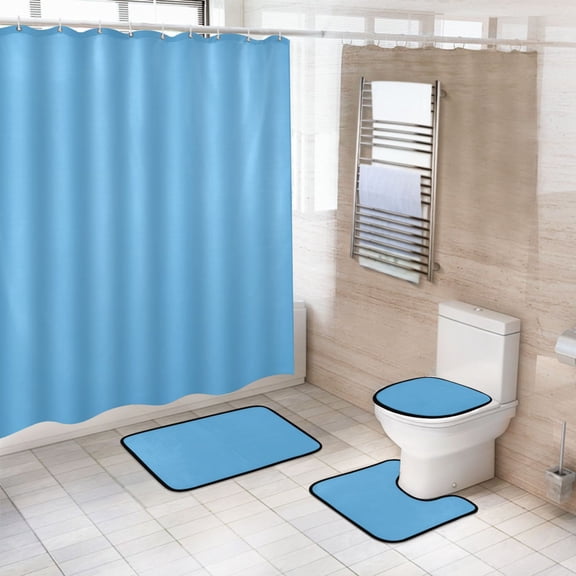 Ryvnso 4 Pcs Solid Blue Color Bathroom Shower Curtain Set with 12 Hooks Bath Mat Toilet Lid Cover
