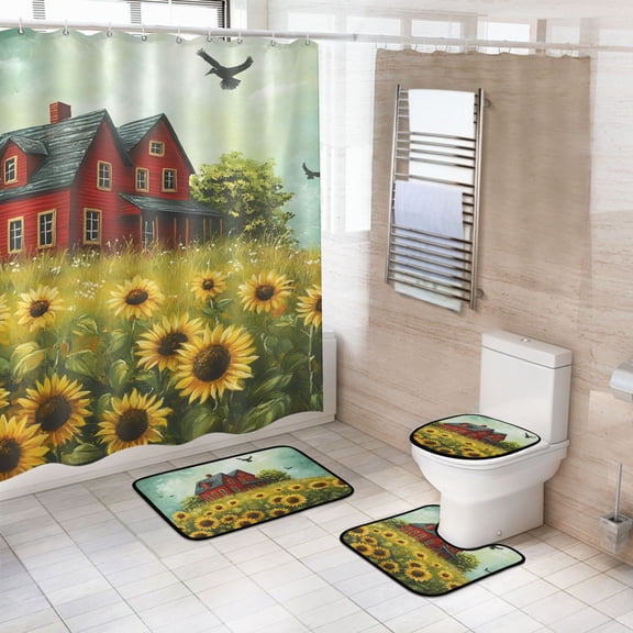 Ryvnso 4 Pcs Sunflower Landscape Bathroom Shower Curtain Set with 12 Hooks Bath Mat Toilet Lid Cover