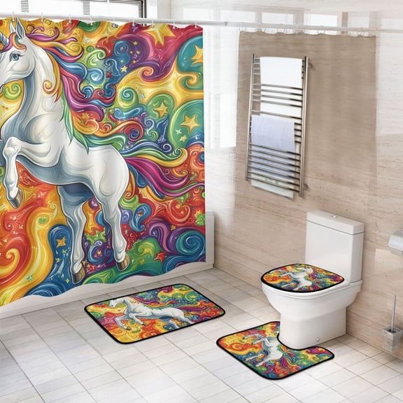 Ryvnso 4 Pcs Unicorn in Magic Bathroom Shower Curtain Set with 12 Hooks Bath Mat Toilet Lid Cover