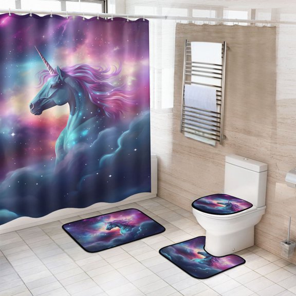 Ryvnso 4 Pcs Unicorn in Sky Bathroom Shower Curtain Set with 12 Hooks Bath Mat Toilet Lid Cover