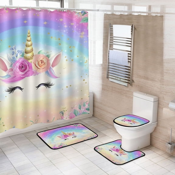 Ryvnso 4 Pcs Unicorn with Rainbow Bathroom Shower Curtain Set with 12 Hooks Bath Mat Toilet Lid Cover