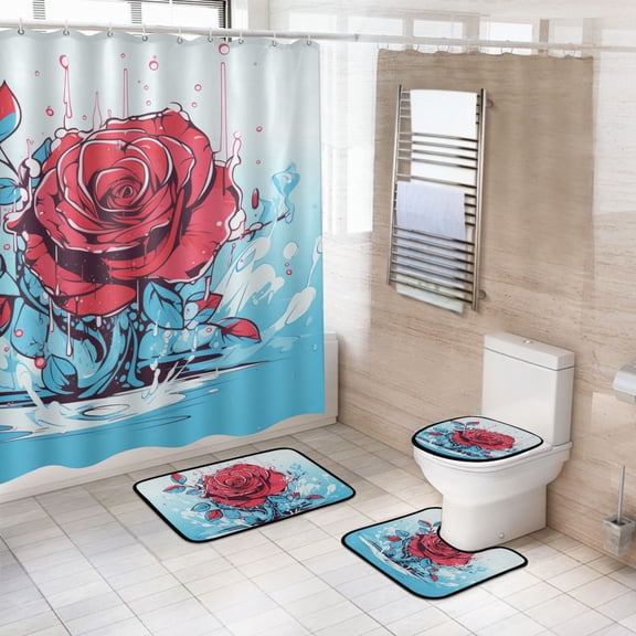 Ryvnso 4 Pcs Valentine's Roses Flower Bathroom Shower Curtain Set with 12 Hooks Bath Mat Toilet Lid Cover