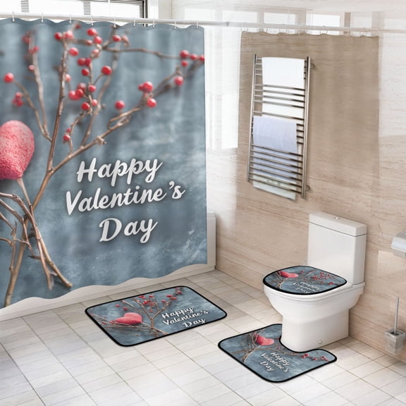 Ryvnso 4 Pcs Valentines Day Heart Print Bathroom Shower Curtain Set with 12 Hooks Bath Mat Toilet Lid Cover