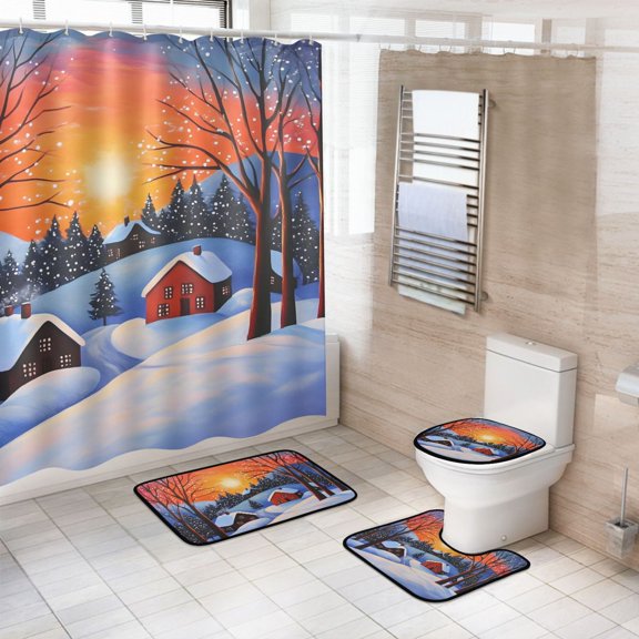 Ryvnso 4 Pcs Winter Sunset View Bathroom Shower Curtain Set with 12 Hooks Bath Mat Toilet Lid Cover