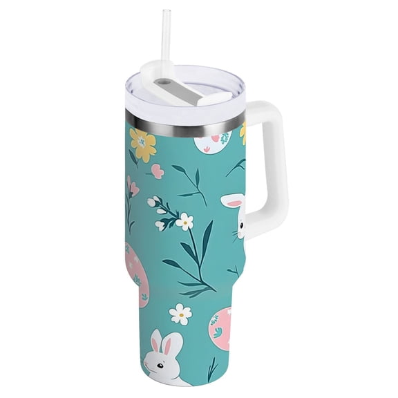 Ryvnso 40 oz Tumbler with Handle and Straw Bunny Easter Eggs Insulated Stainless Steel Travel Mug with Lid