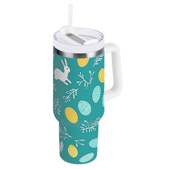 Ryvnso 40 oz Tumbler with Handle and Straw Bunny Easter Eggs-t1 Insulated Stainless Steel Travel Mug with Lid