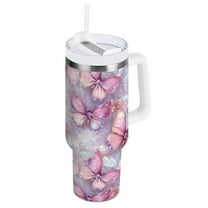 Ryvnso 40 oz Tumbler with Handle and Straw Butterflies Pink Insulated Stainless Steel Travel Mug with Lid