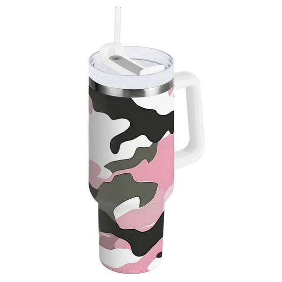 Ryvnso 40 oz Tumbler with Handle and Straw Camouflage Pink Insulated Stainless Steel Travel Mug with Lid