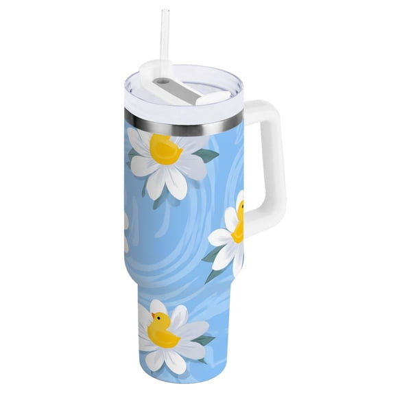 Ryvnso 40 oz Tumbler with Handle and Straw Duck on Daisy Floral Insulated Stainless Steel Travel Mug with Lid
