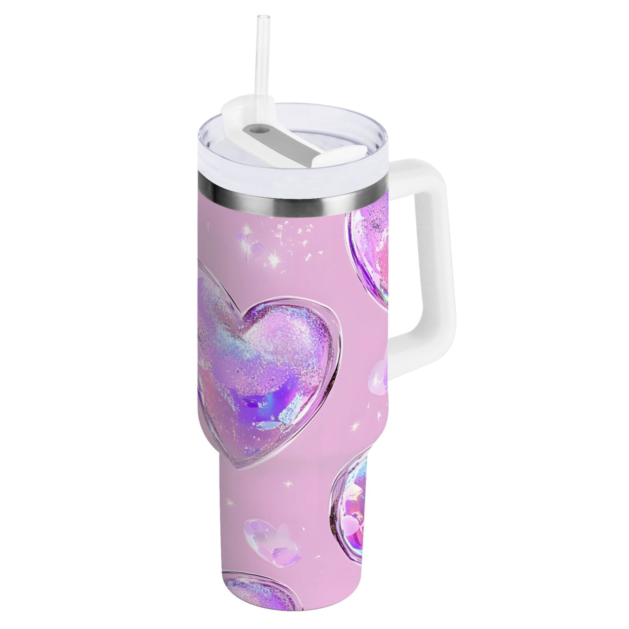 Ryvnso 40 oz Tumbler with Handle and Straw Holographic Glitter Hearts Insulated Stainless Steel Travel Mug with Lid