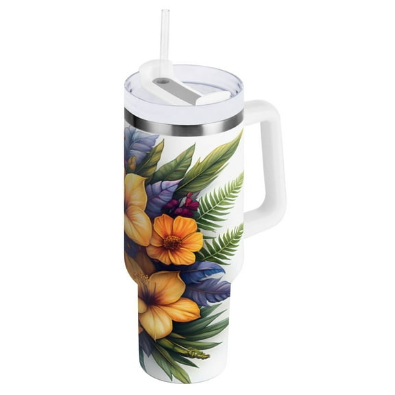 Ryvnso 40 oz Tumbler with Handle and Straw Insulated Stainless Steel Travel Mug with Lid Bouquet Orchids Flower