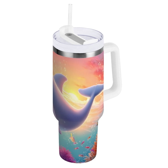 Ryvnso 40 oz Tumbler with Handle and Straw Insulated Stainless Steel Travel Mug with Lid Cartoon Dolphin Coral Sunset