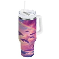 Ryvnso 40 oz Tumbler with Handle and Straw Insulated Stainless Steel Travel Mug with Lid Dolphins and Rainbow