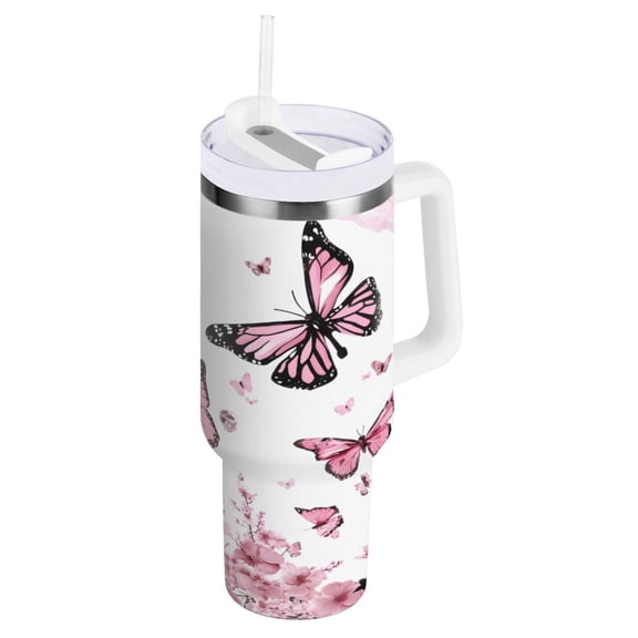 Ryvnso 40 oz Tumbler with Handle and Straw Insulated Stainless Steel Travel Mug with Lid Eiffel Tower Butterflies